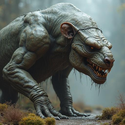 A muscular creature with a fierce expression in a dark forest setting. It has prominent features like sharp teeth and a strong build. The atmosphere is ominous and mysterious.
