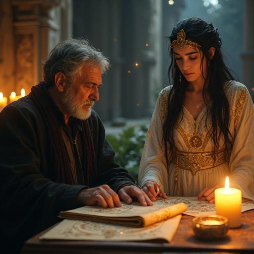 A wizard in a dark cloak sits in a candle-lit study. Magical scrolls float around him. Beside him stands Ishtar, a goddess in a flowing robe. Her skin glows softly. Long hair adorned with golden ornaments. The scene is cinematic and emotional. It reflects beauty and mysticism. Photorealistic details and soft lighting enhance the atmosphere.