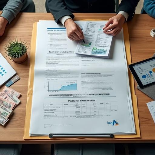 Top view of a meeting table with folders labeled Reinversión Expansión de mercado Inversiones financieras Fondo de contingencia Política de utilidades. Colombian pesos are on the table. Graphs and a digital tablet show financial data.