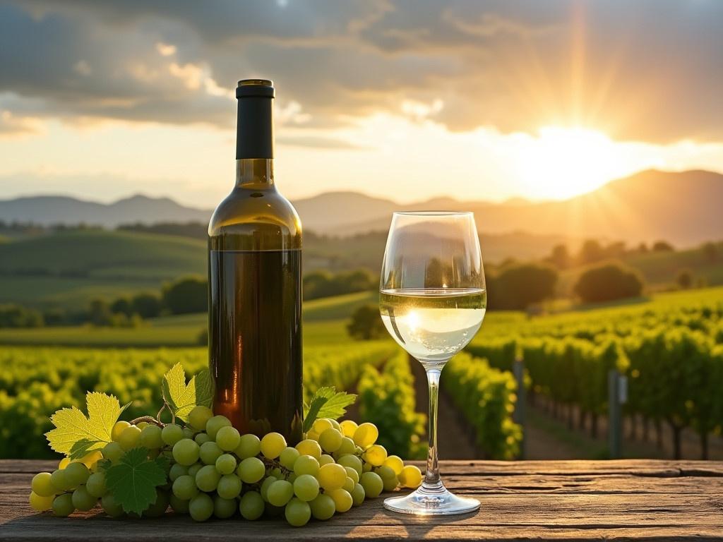 The image shows a bottle of wine and a glass of white wine resting on a wooden table. Surrounding the glass are green grapes and lush grape leaves, adding a fresh touch. In the background, a scenic vineyard stretches across the horizon beneath a dramatic sky filled with clouds. The sun casts a warm golden light over the fields, creating a serene atmosphere. The mountains loom softly in the distance, completing this picturesque wine country scene.