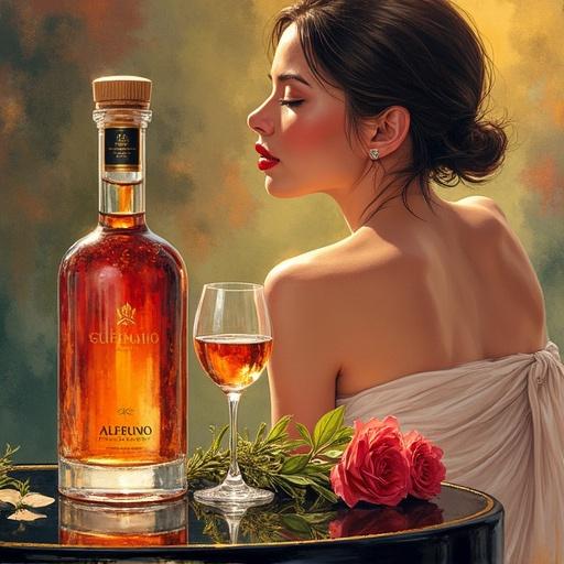 A watercolor painting of a gorgeous woman in a spa with a silk wrap. She has golden reddish lips and is toasting. A lower apothecary-style bottle of ALFRUNO liqueur is on a black table, surrounded by roses and glasses. The art is dynamic, mysterious, and inspired by anime.