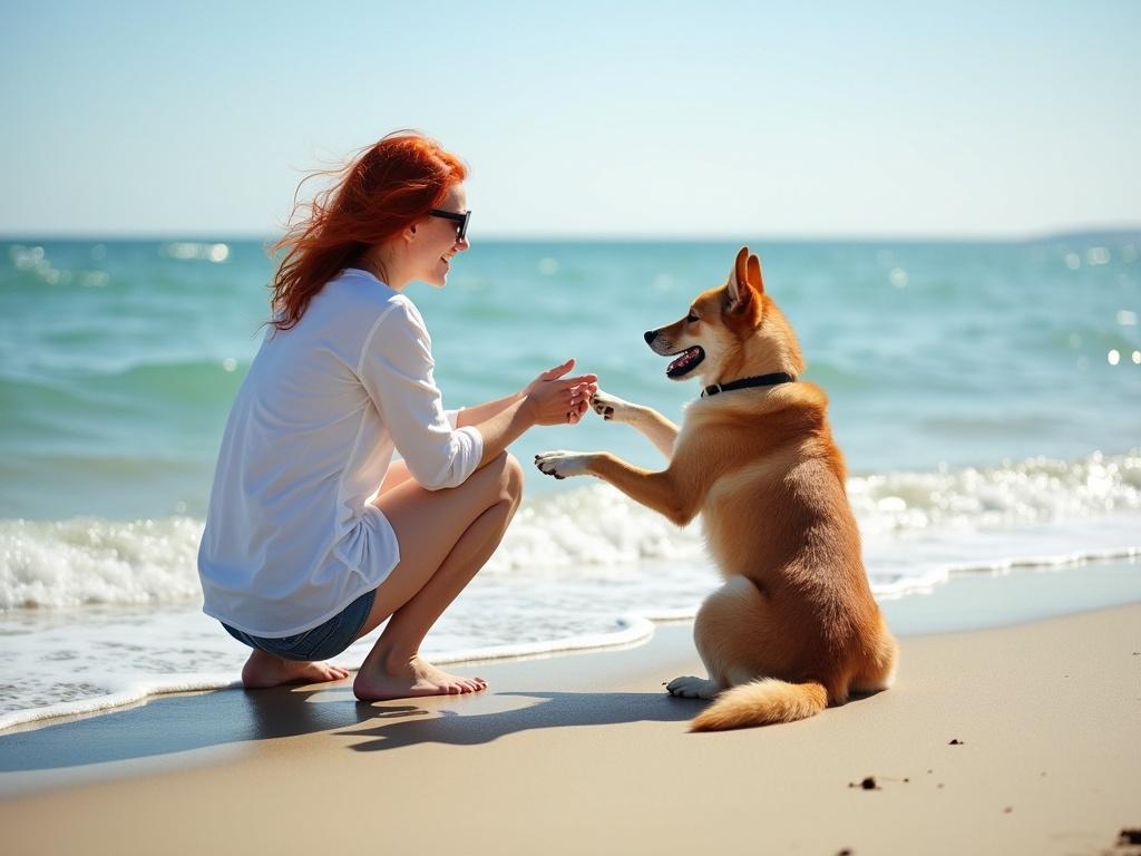 A redhead woman kneels by the ocean's shore, showing her back as her dog playfully interacts with her while they enjoy a sunny beach day. The setting includes gentle waves lapping at the sand, and the dog's fur shines in the sunlight. Both the woman and the dog exude a sense of companionship and joy in this serene environment.