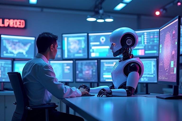 3D scene in AI lab with scientists programming humanoid robots. Computer screens display neural networks. Bright day. Vibrant colors create a high-resolution image showcasing AI advancement.