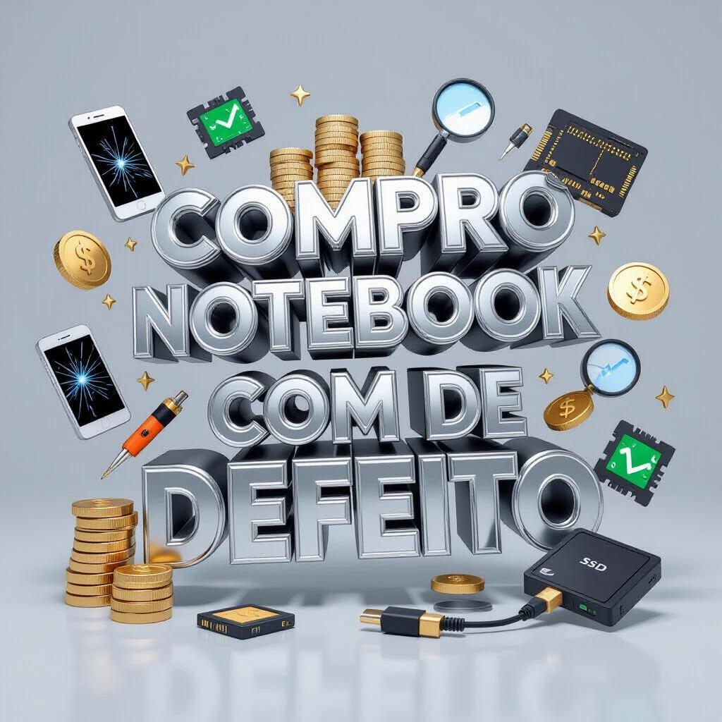 3D advertisement image with correct spelling of 'COMPRO NOTEBOOK COM DEFEITO' in bold metallic letters. Include floating 3D icons like damaged smartphones, golden coins, electronic tools, microchips, battery symbols, charging cables, SSD drives, and lightning bolts. Background features vibrant gradient tones and tech patterns with dynamic energy waves.