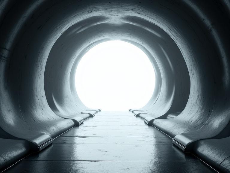 Design a dark metallic tunnel interior that has smooth curving walls and floors. Create a bright light at the end and focus on shadows and texture. Incorporate realism in the details of the tunnel.