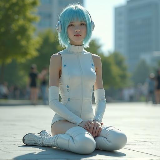 Detailed image of a pretty young woman from outer space sitting on the ground. She wears a shiny futuristic sleeveless micro skirt dress with arm covers. Her light blue bob hair contrasts with her skin. A tiny headset adorns her head. She has thigh high boots without laces. In the background, a spaceship is seen in a suburban Tokyo park. Sunlight shines from the front, casting her shadow backward.