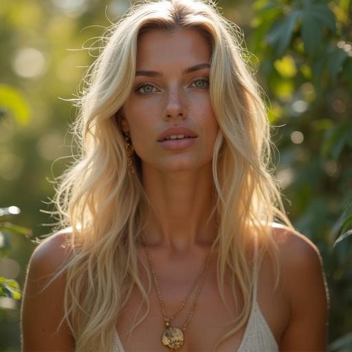 Blonde female model smiling in nature surrounded by greenery. Natural makeup and hair styled casually. Wearing simple jewelry. Soft sunlight illuminating the scene.