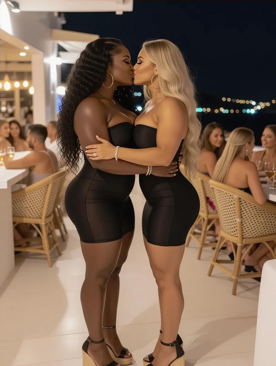 Two bodybuilder women of different skin tones embrace at a cocktail bar. One is Black with long curly hair. The other is White with long wavy hair. Both wear strapless black dresses and espadrille heels. They kiss on the cheeks. The setting is Mykonos at night. People are present in the background.