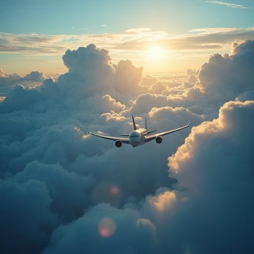 Scene features an airplane flying through clouds at sunset. A majestic and cinematic view with dark blue, white, and gold colors.