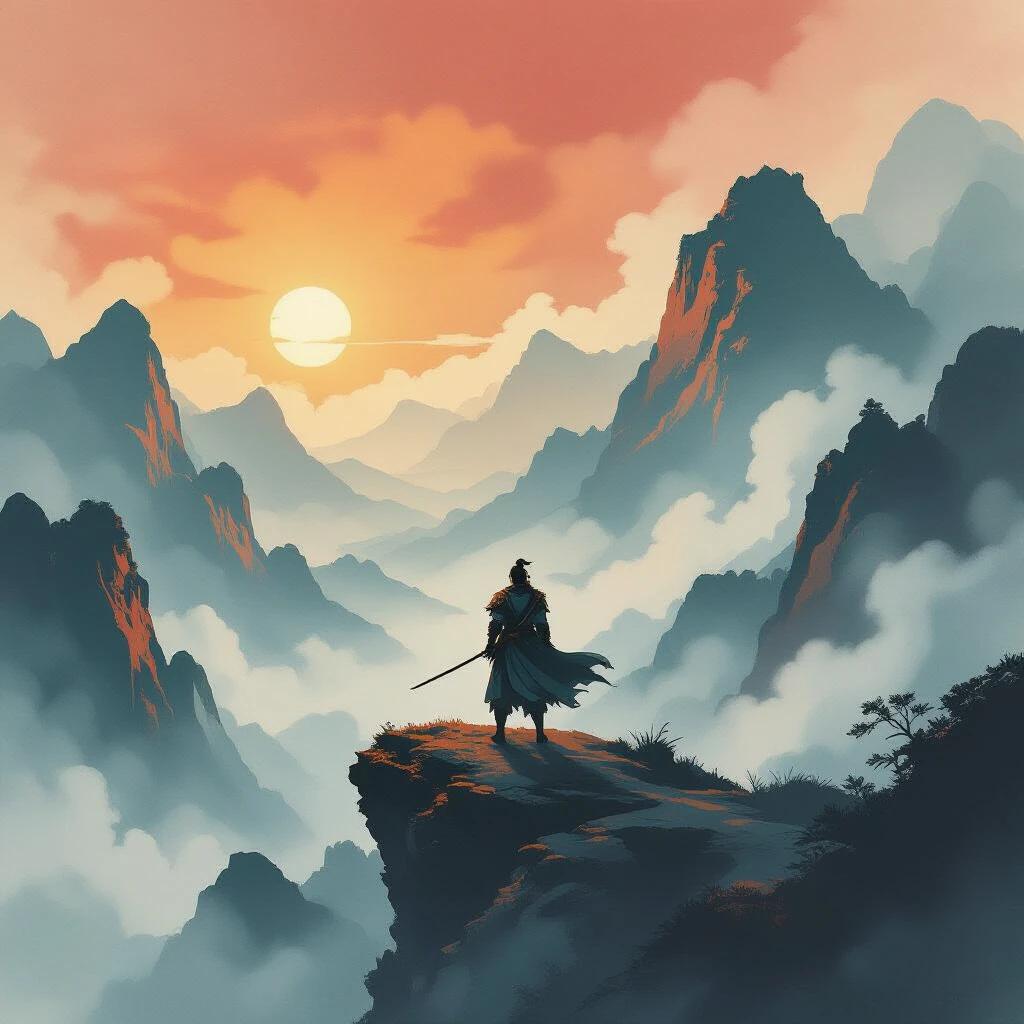 Lone warrior stands on a cliff. Mountains swirl around in ink style. Sky is deep crimson at sunset. Teal mist covers valleys. Warrior has golden highlights on armor. Expressive linework visible. Image has an epic mood. Traditional Japanese art fused with color. Lighting is cinematic. Atmosphere feels windswept.