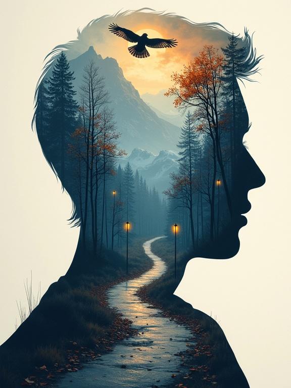 A human silhouette contains a forest path with autumn leaves and lanterns. A flying owl crosses the shadow above snowy mountains.