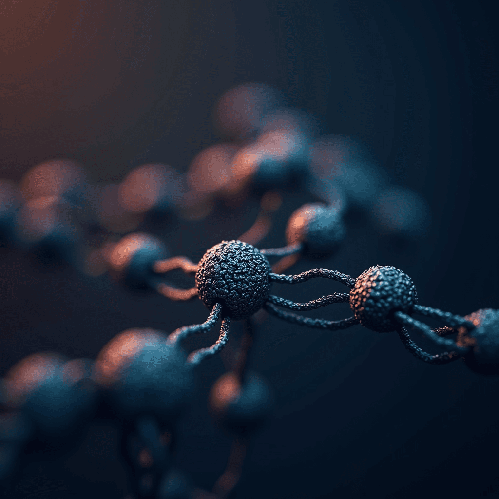 A detailed depiction of interconnected molecules forming a complex structure with a textured surface.