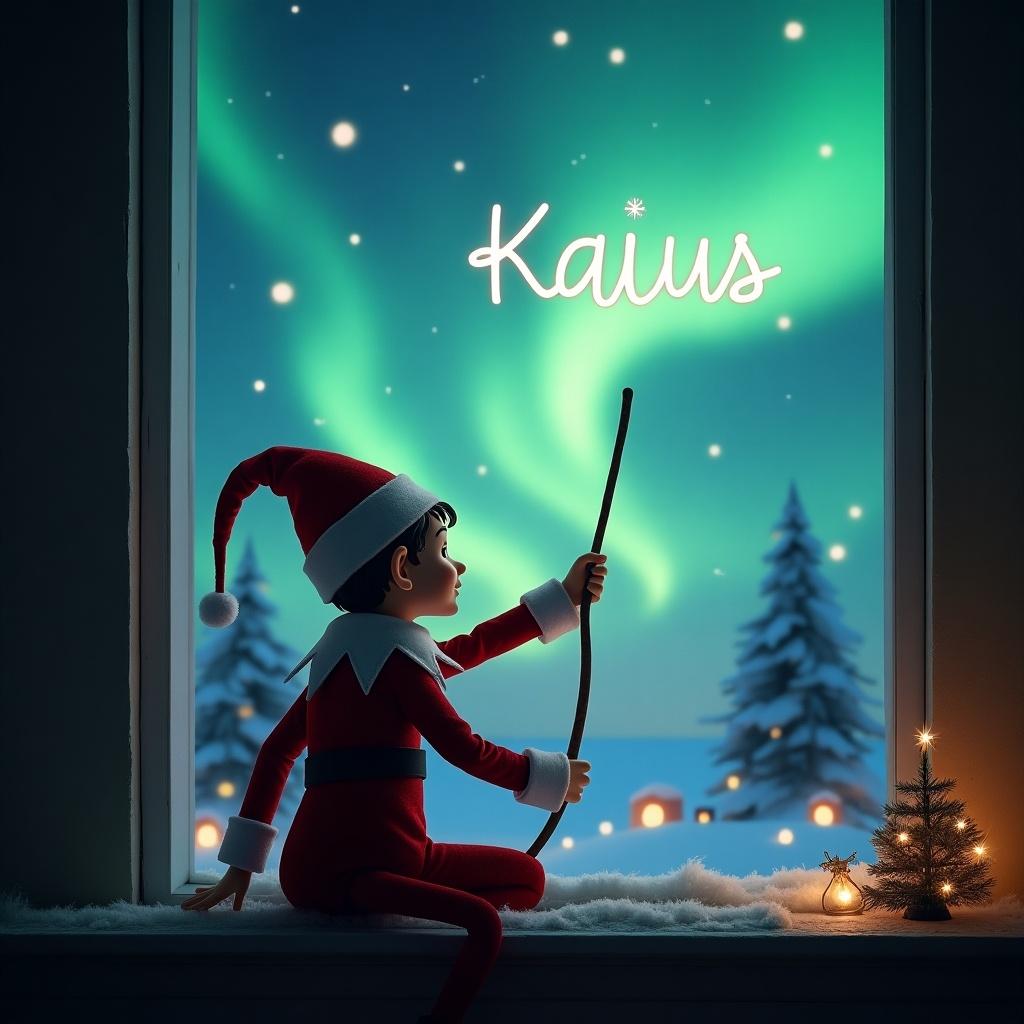 The image features an Elf on the Shelf character sitting with his back to us. He is gazing out of a window into a magical winter night. Using a wand, he writes the name 'Kaius' in the sky surrounded by twinkling stars. The backdrop showcases a stunning display of northern lights illuminating the night sky. The room is cozy, decorated for Christmas, with a small tree and some festive lights. This enchanting scene captures the spirit of holiday wonder and imagination.