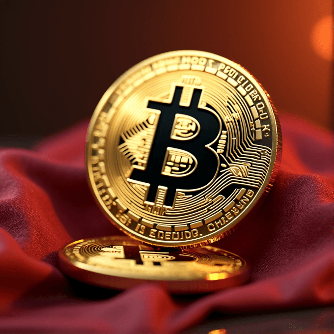 A shiny gold Bitcoin stands upright on a red cloth, illuminated by warm light.