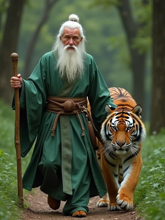 A kind Medicine King with white hair and a green robe walks with a tiger in a dense forest. He has a wooden staff and a gourd on his belt. Both display wisdom and majesty. The scene is captured in ultra-clear quality.