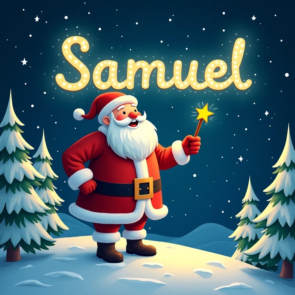 A cheerful Santa Claus is seen amidst a winter wonderland, dressed in his classic red and white outfit. He stands on a snowy hill, holding a wand and is depicted writing the name 'Samuel' in the night sky. The letters are illuminated, radiating a warm glow against the dark blue backdrop filled with stars. Surrounding him are tall, snow-covered pine trees, enhancing the magical atmosphere. This whimsical scene captures the joy and spirit of Christmas celebrations, appealing to viewers of all ages.