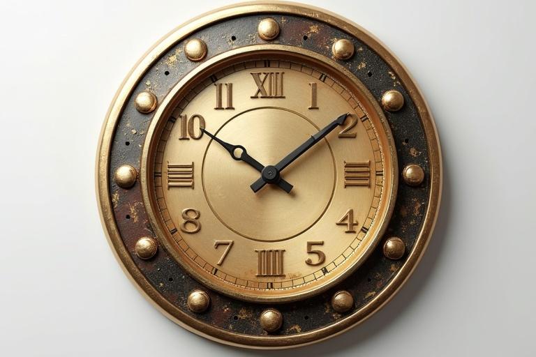 Circular brass clock displayed prominently on a white background. The clock features oxidized edges and traditional dot patterns around the clock face. The design includes Roman numerals and has a glossy finish that reflects light.