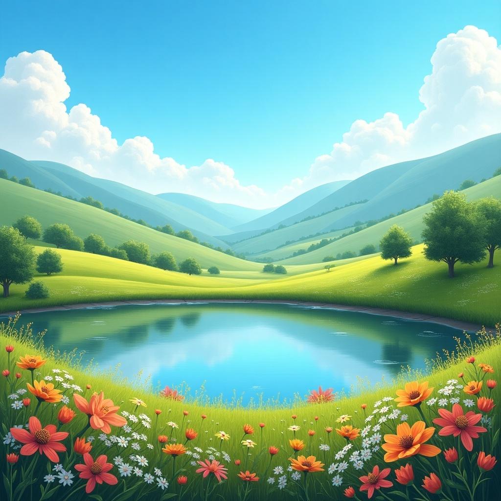 Serene view of a lake surrounded by blooming flowers and rolling green hills under a bright blue sky.