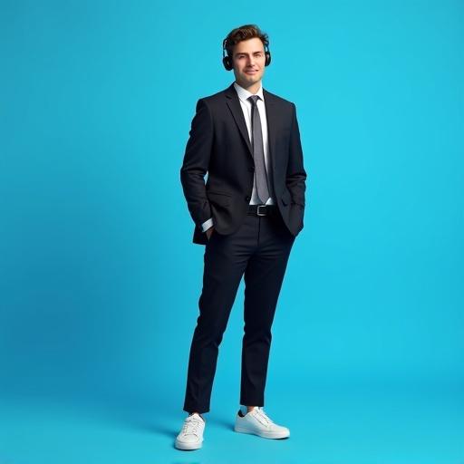 Young man with normal build stands confidently. Height 1.82 meters weight 82 kilograms. Dressed in a black suit and tie with white sneakers. Background is blue.