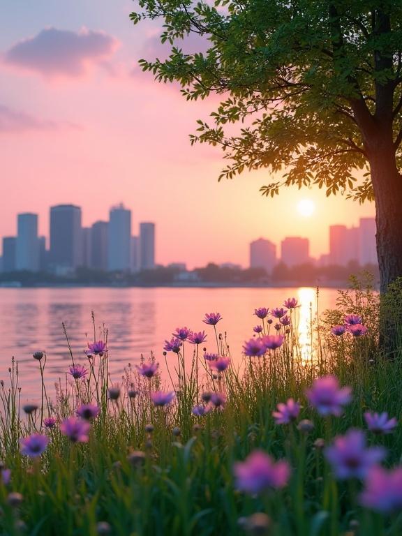 Photograph of a serene lakeside scene at sunset. Pink and purple flowers in the foreground. Tall grass and a small wooden fence. A tree with green leaves on the right side. A calm lake reflecting a pink and orange sky. City skyline visible in the background. Soft light creates a peaceful atmosphere. Lush greenery and delicate flower petals. Gentle water reflections contrast with urban skyline. Scenic view with soft gradients. Relaxed mood depicting nature and city coexistence.