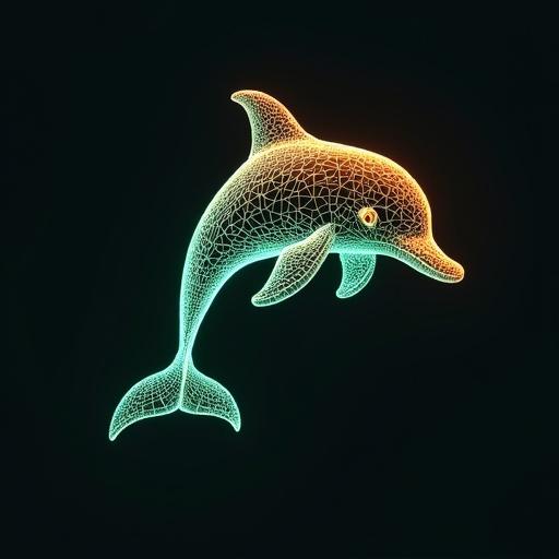 Wireframe style of a dolphin in low poly design. Neon green and neon orange colors used. The dolphin is depicted in a hollow form.