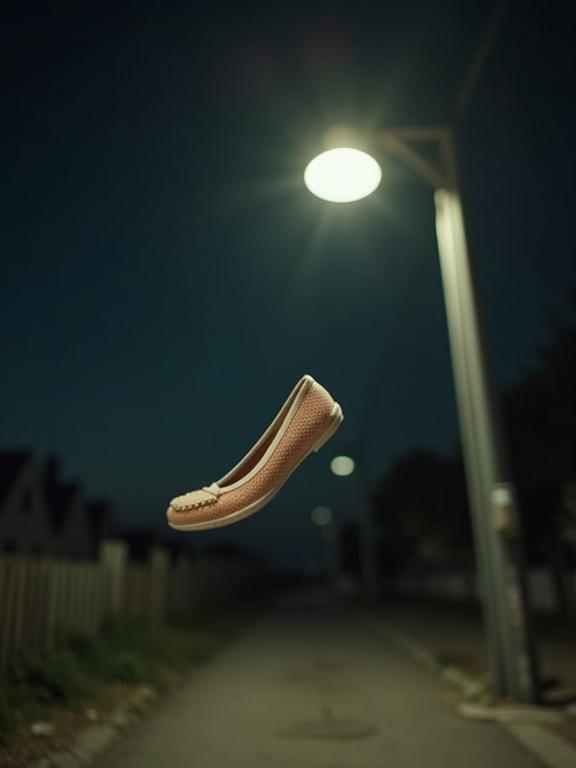 A slipper flies mid-air appearing thrown with force. The scene is next to a tall street lamp at night. The humor and exaggeration create a surreal effect. Dramatic lighting enhances the mood. The composition is vertical with a cinematic feel.