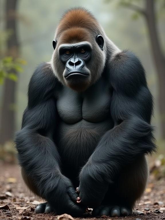 A humorous depiction of a gorilla sitting with a serious expression in a natural setting. The gorilla has a muscular build and soft fur, surrounded by a blurred forest background. The scene conveys a lighthearted feel with a focus on the gorilla's amusing demeanor.