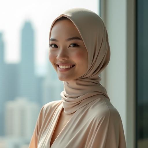Portrait of a stylish veiled woman against a modern city skyline. Warm smile and bright eyes. Attire in pastel tones, high-quality fabrics, minimal accessories. Hijab styled gracefully. Emphasizes inclusivity and beauty.