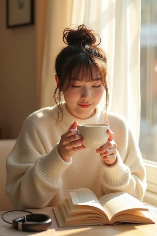 Young woman sitting at a coffee table. Cozy morning atmosphere. Sunlit window with soft light. Holding a steaming coffee cup. Wearing an oversized white sweater. Messy hair bun. Headphones on the table. Next to a book.