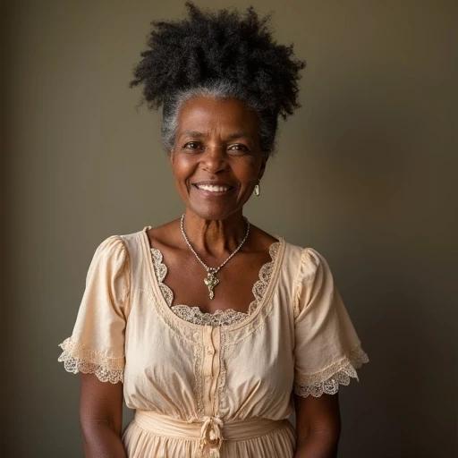 Elderly African-American woman in a light-colored house dress. Hair styled in a neat bun. Outfit features lace details. Soft expression with warm, inviting presence. Natural light highlights her features. Focus on gracefulness and strength.