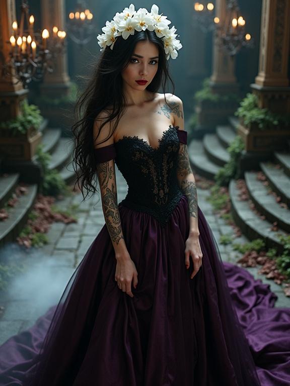 A beautiful woman with dark flowing hair and fair skin. She wears a floral crown, striking red lipstick, and dark eyeshadow. Intricate tattoos decorate her upper chest and shoulders. An opulent off-the-shoulder dark purple gown with a fitted black bodice and voluminous skirt accentuates her figure. She gazes directly at the camera with an intense look. Ethereal smoke surrounds her flowing dress in a decaying gothic interior with vintage chandeliers and overgrown foliage.