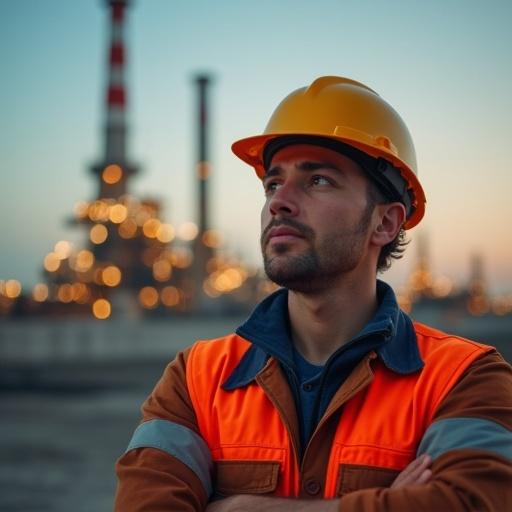 Image of an oil worker wearing safety gear at an oil refinery. The worker poses confidently with equipment in the background during sunset. Industry lights twinkle and the environment reflects the oil and gas sector's energy.