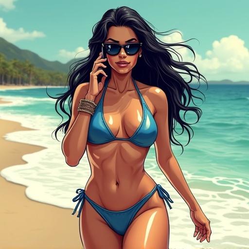 A woman with long, dark hair wears a blue bikini at the beach. She is talking on her cellphone confidently. The scene is drawn in comic noir style with dramatic lighting and bold inking. Her hair moves softly in the breeze.