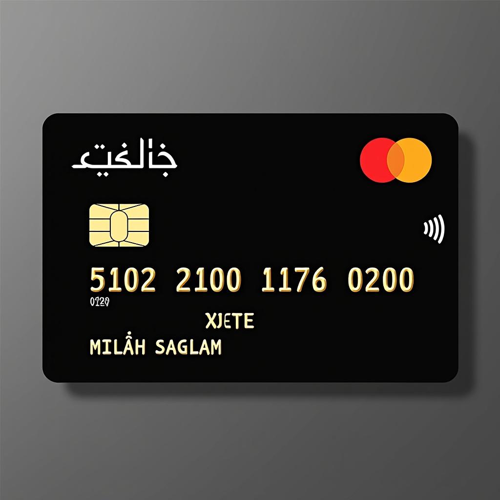 Image of black credit card with gold text and chip. Card bears number 5102 2100 1176 0200. Name displayed is MELİH SAGLAM.