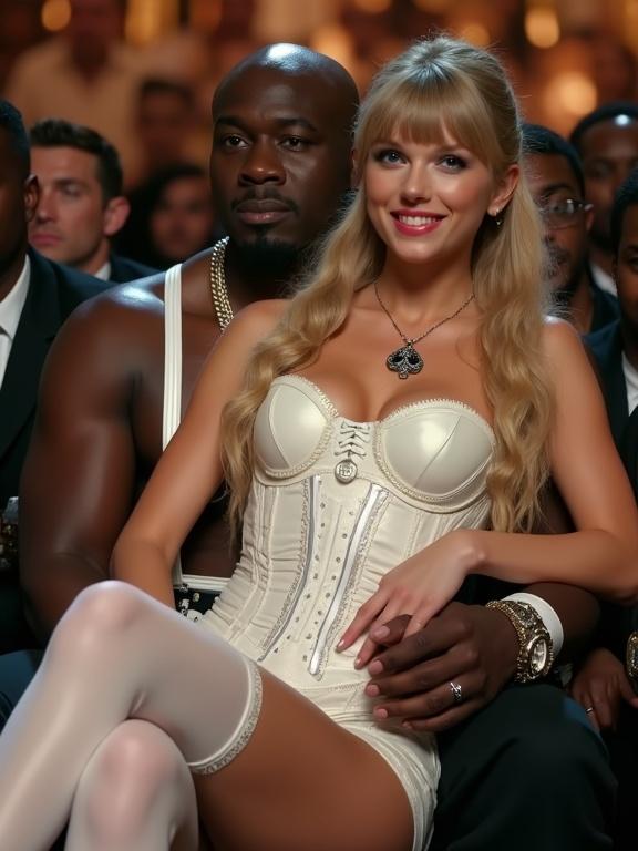 A music awards show scene featuring a couple. The woman is wearing a stylish tight white corset and white thigh-high stockings. She has long blonde twintails and big blue eyes. The man is a large black rapper holding her in his arms. They are smiling and surrounded by a crowd. The woman holds a sign saying 'no more white bois'. Full body shot.