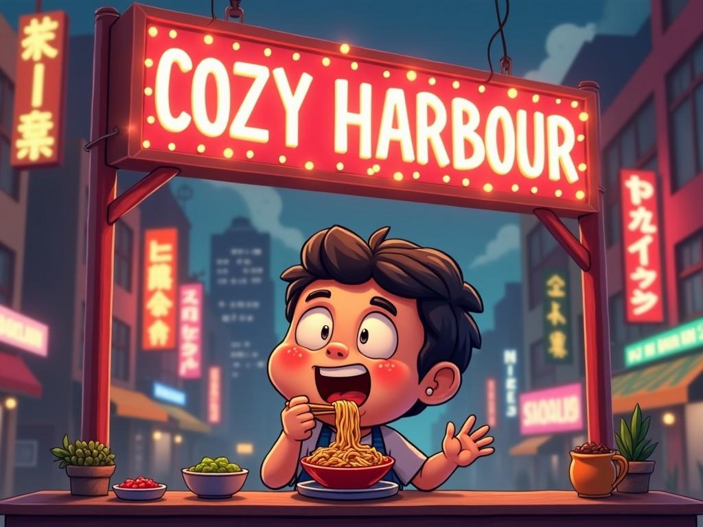 A colorful illustration of a child eating noodles at a street food stall, under a bright neon sign saying Cozy Harbour, surrounded by colorful lights and street signs.