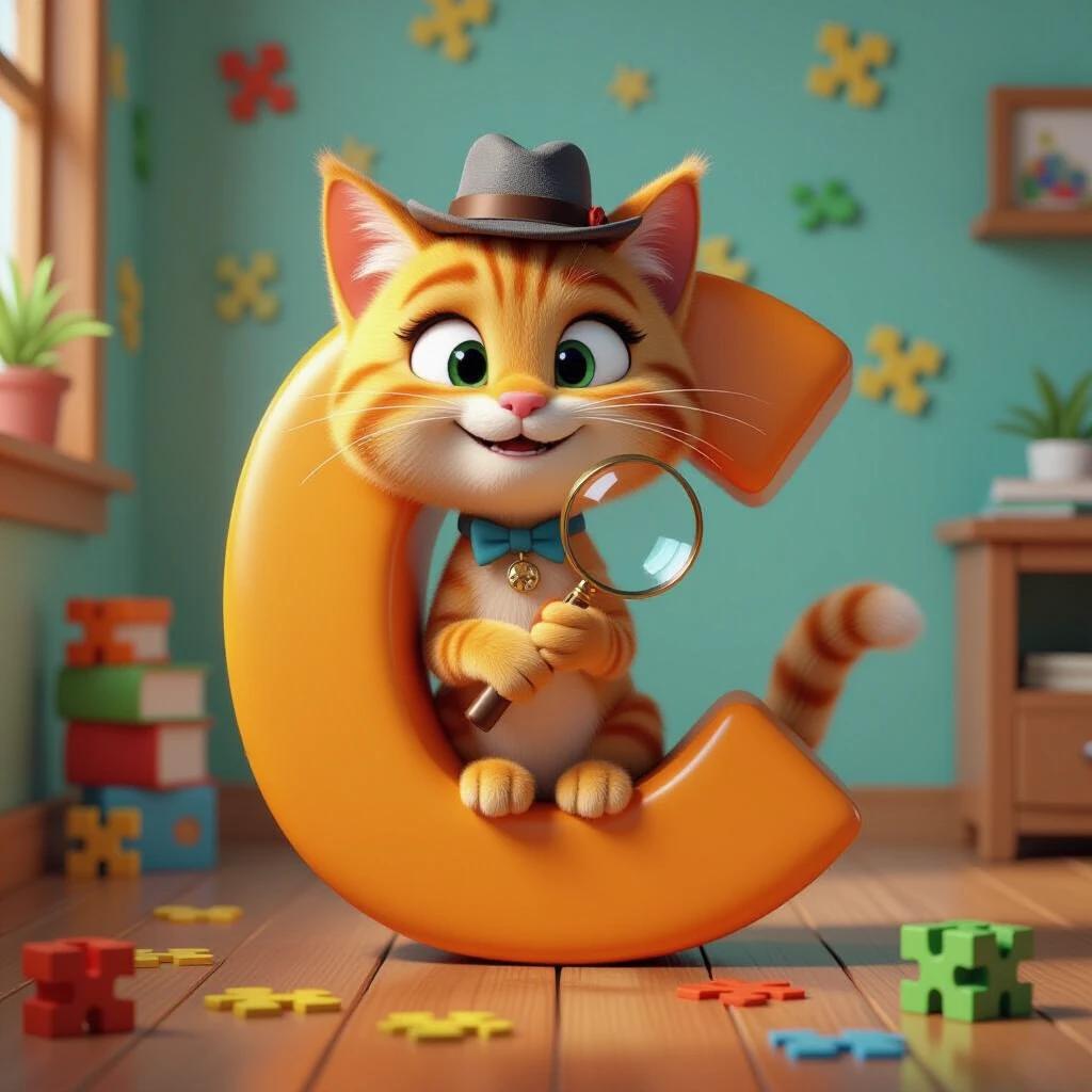 C letter shaped like an orange tabby cat with a detective hat. Cat holds a magnifying glass. Scene has colorful puzzles and toys. The style is Pixar 3D animation. Aspect ratio is 9:16.