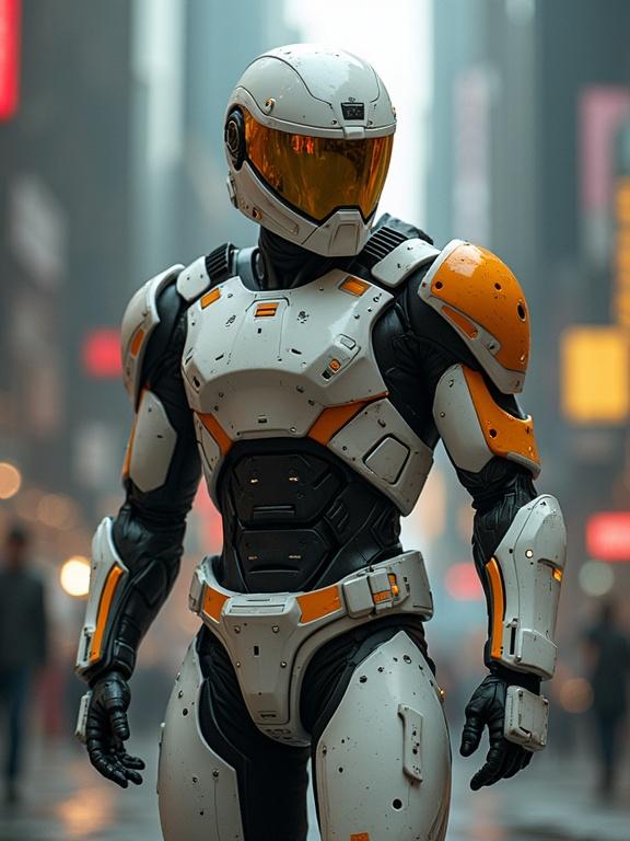 Full body cinematic shot of a cyborg ninja in futuristic armor standing confidently in a modern urban environment.