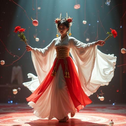 Hyper-realistic idol girl on stage. Dressed in ceremonial performance outfit inspired by Japanese Shinto mythology. Costume features flowing white and red fabrics. Golden bells and sakura motifs visible. Dancing under soft spotlight. Face is serene; eyes reflect trance-like intensity. Surrounded by floating paper talismans and blue lights. Thin red strings swirl from above. Shadow subtly shows another form with many arms and a fox mask. Atmosphere is sacred and surreal. Photorealistic skin with soft lighting.