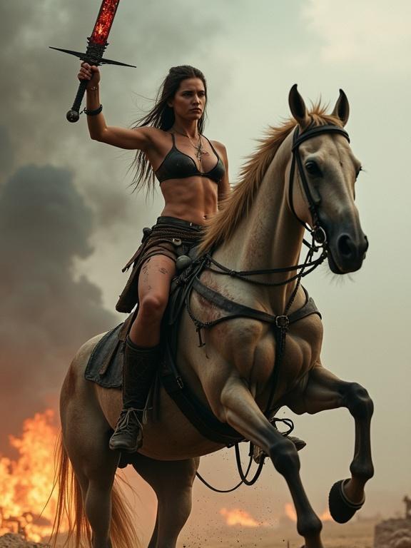 A battle-worn Slavic tribal girl rides a rearing cyberpunk horse. She wears a minimal leather bra and a tattered loincloth. Her body shows sweat, dust, and blood. One arm is raised holding a bloodied sword in triumph. The background features a burning post-apocalyptic world with smoke and fire.