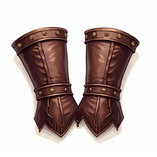 Leather gauntlets designed as an icon for ARPG games. They have a detailed leather texture and metallic studs. The image has no background to keep it versatile in applications.