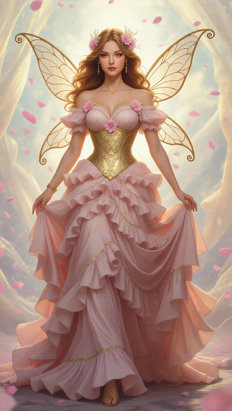 A goddess inspired by Virgo. Warm skin, long golden hair, majestic ruffled dress in powder pink with gold details. Elegant pose, billowing dress, floral gold corset with pink flowers. Relaxed arms, holding flower crown. Small wings with gold sparkles. Ethereal background with floating petals.