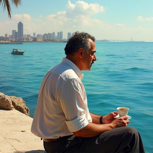 A man sitting by the sea in Alexandria with a cup of tea. Skyscrapers in the background. Calm water. Bright sunny day. City and coastal view.