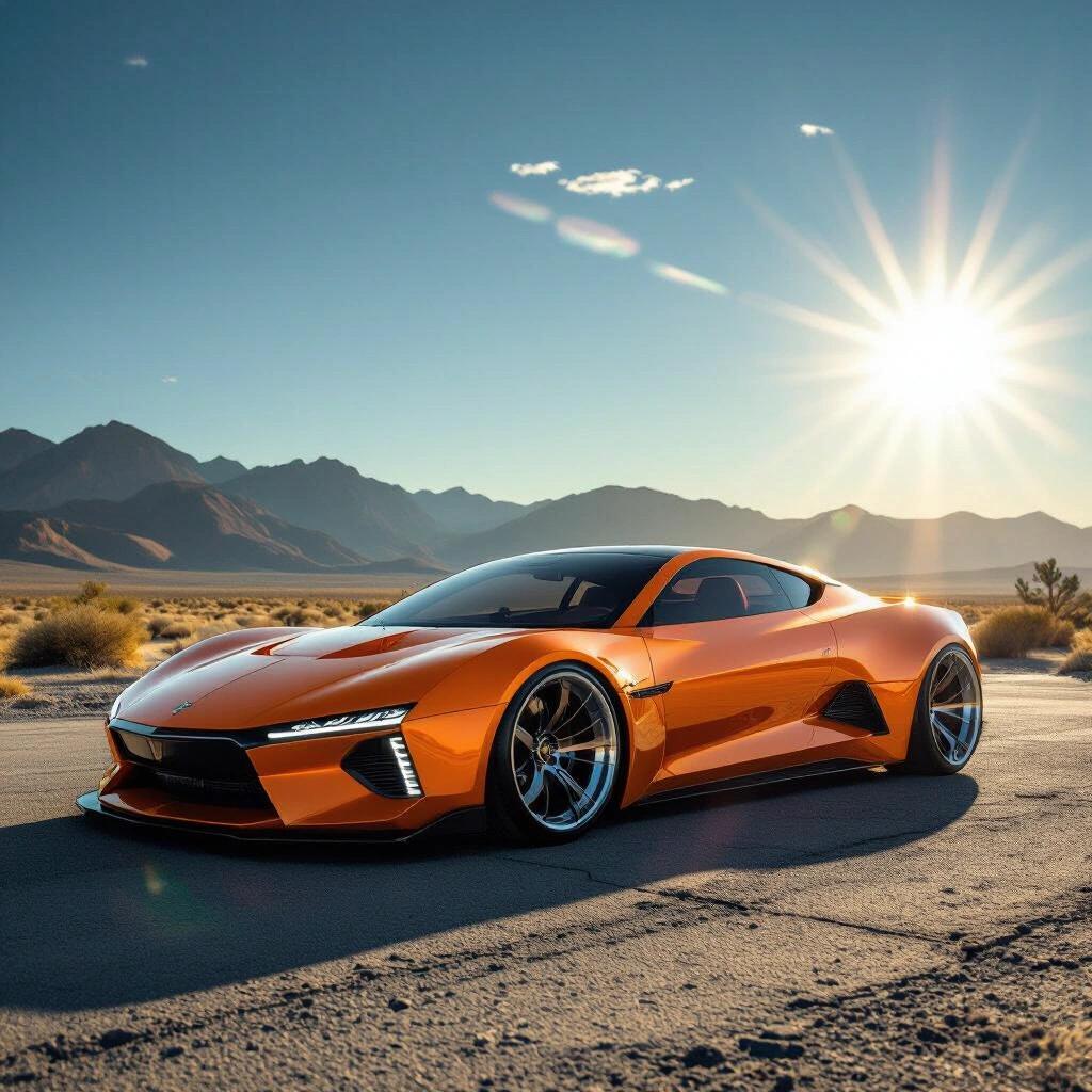 A parked angular orange concept futuristic funny car low rider in an epic desert scenery with sun flare. Raw photo style.