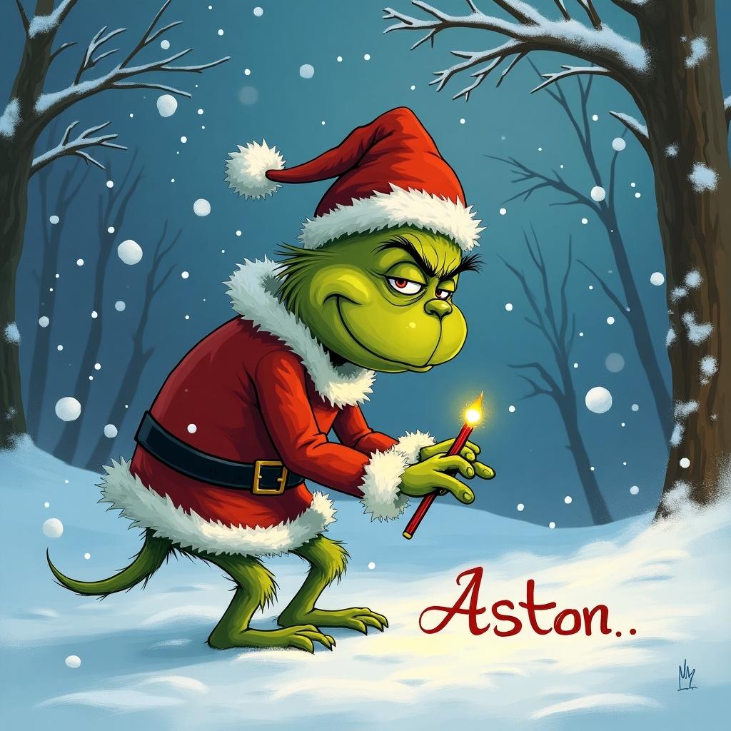 Illustration of the Grinch in a Santa outfit. Grinch has a mischievous expression. The Grinch is holding a candle. Name Aston is written in the snow. Snow is falling around. Background features snowy trees.