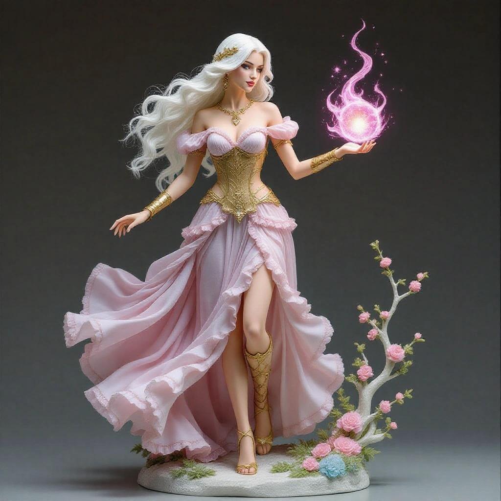 Highly detailed resin sculpture of a goddess inspired by Virgo. Alabaster-white skin. Pure white hair flowing to knees. Light pink princess dress with ruffles. Gold metal corset with embroidered details. One leg exposed through a side slit. Posed as a sorceress queen casting magic. Wearing a flower crown and fine jewelry. Base made of flower petals.