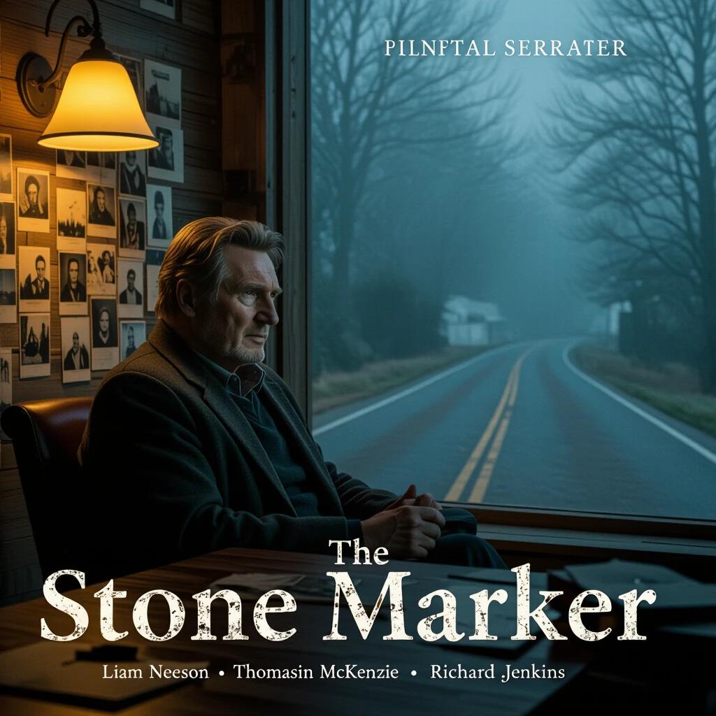 Movie poster featuring an old detective in warm lamplight surrounded by faded Polaroids. He reflects on a cold case while gazing out at a foggy forest road. The title The Stone Marker is displayed in worn serif text with paper texture.