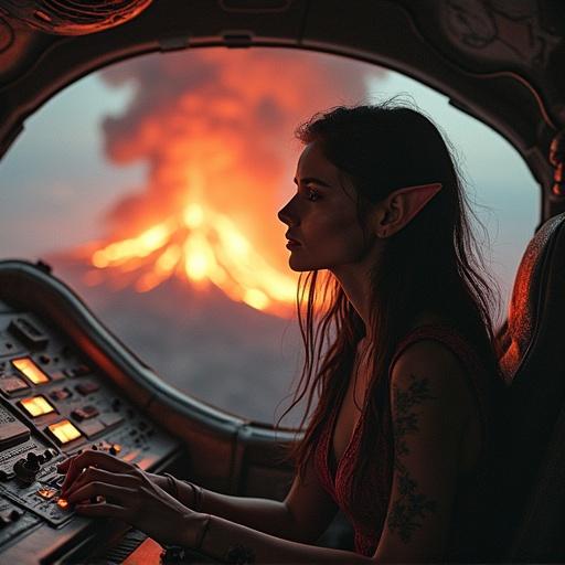 Creative portrait of an alien woman with pointy ears in a galactic ship. She sits before glowing controls. Erupting volcano visible through her visor. Dark and decadent atmosphere with a touch of brushstroke.