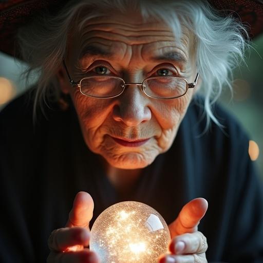 Close-up image of a Japanese female granny witch holding a glowing crystal ball. Emphasizes mystery and magic in the atmosphere. Captures her wise expression and connection to astrology.