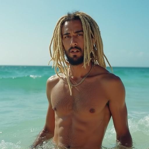 Male with blonde dreadlocks stands in the ocean. Expression is surprised. Bare torso is visible. Water creates a tropical beach setting.